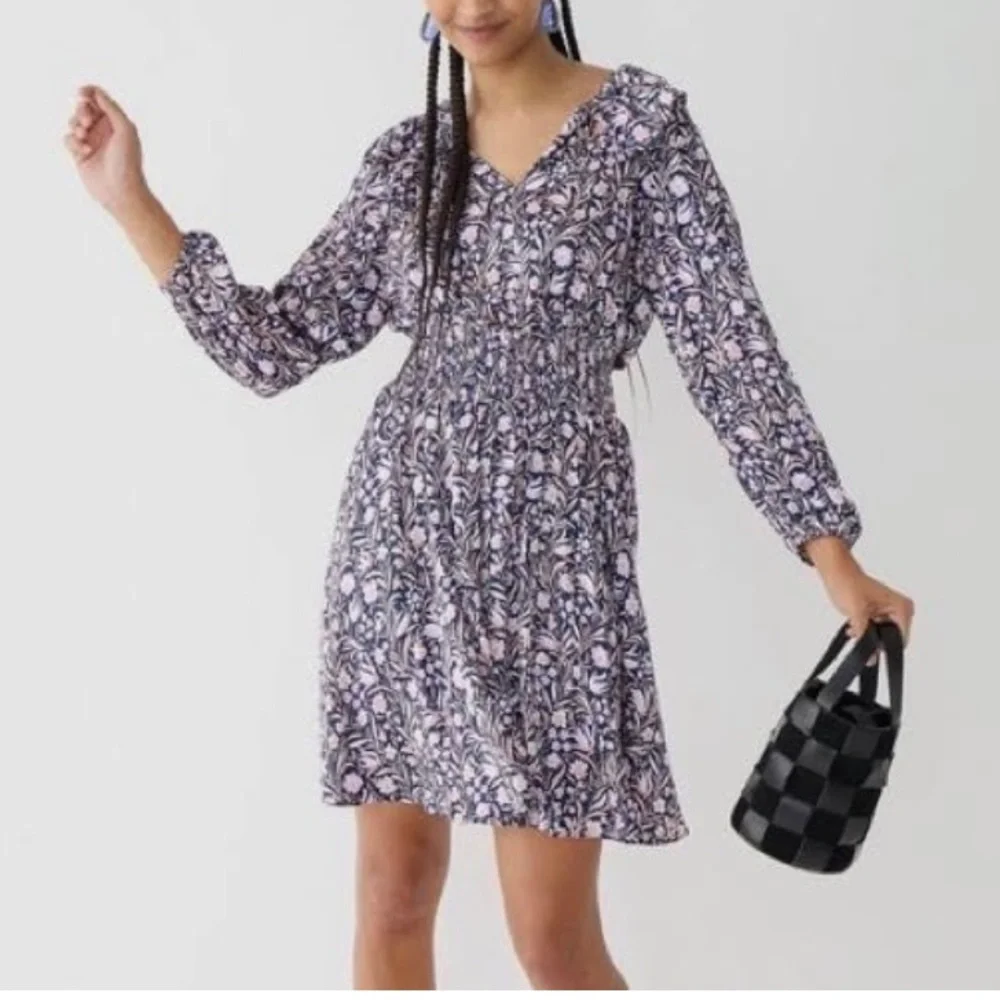 J Crew long‎ sleeve ruffle V-neck mini dress in floral fields smocked waist